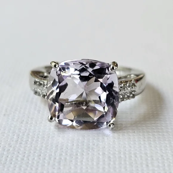 Genuine Rose De France Amethyst & White Topaz Sterling Silver Ring Size 6 - Picture 3 of 11
